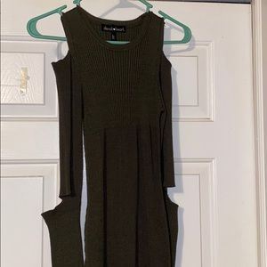 Green maxi dress with cut outs on shoulder:elbow